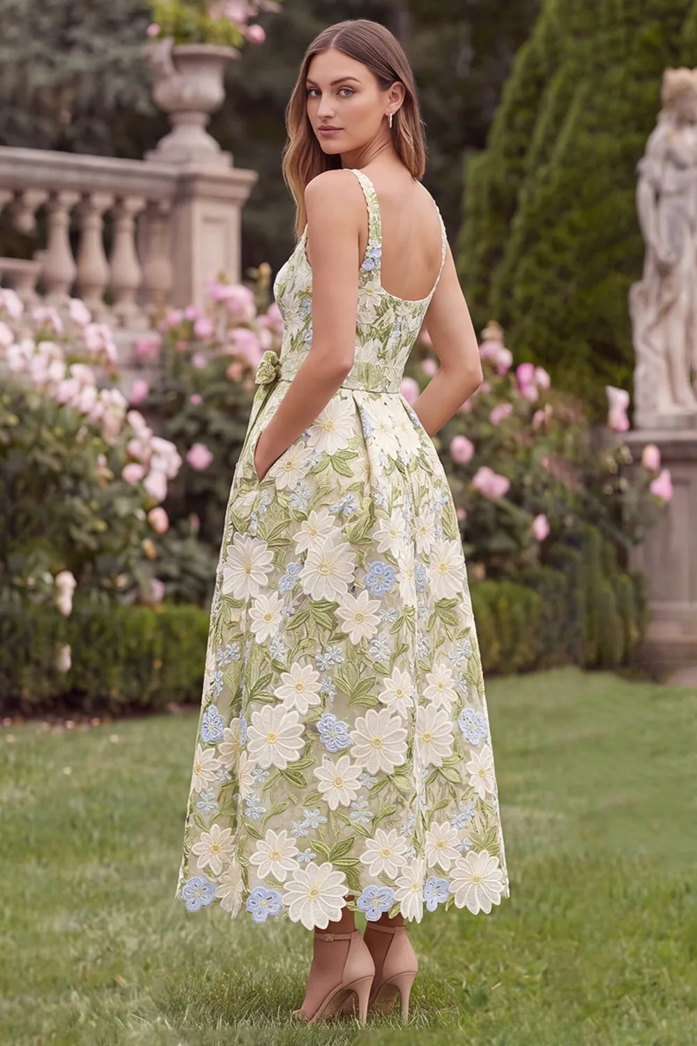 Sage Square Neck A Line Floral Wedding Guest Dress sold by Wedtrend product image thumbnail 3