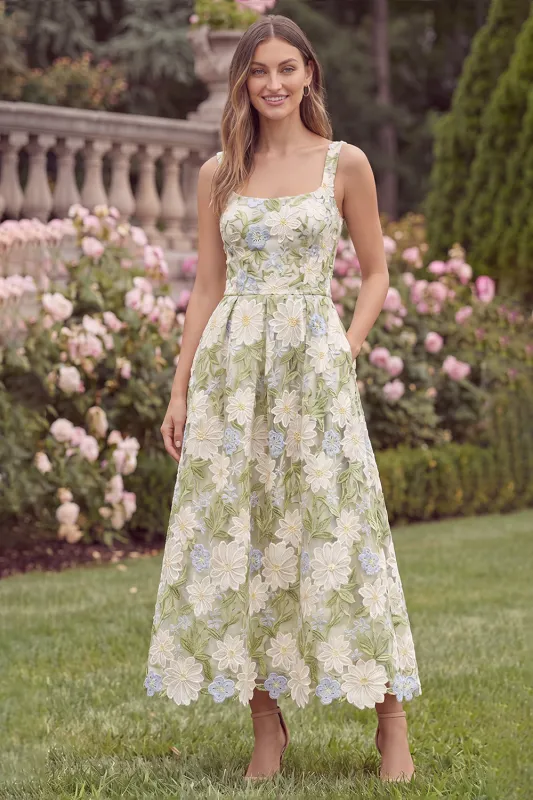 Sage Square Neck A Line Floral Wedding Guest Dress made by Wedtrend