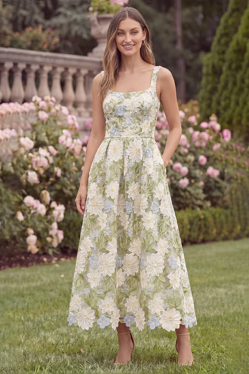 Sage Square Neck A Line Floral Wedding Guest Dress sold by Wedtrend