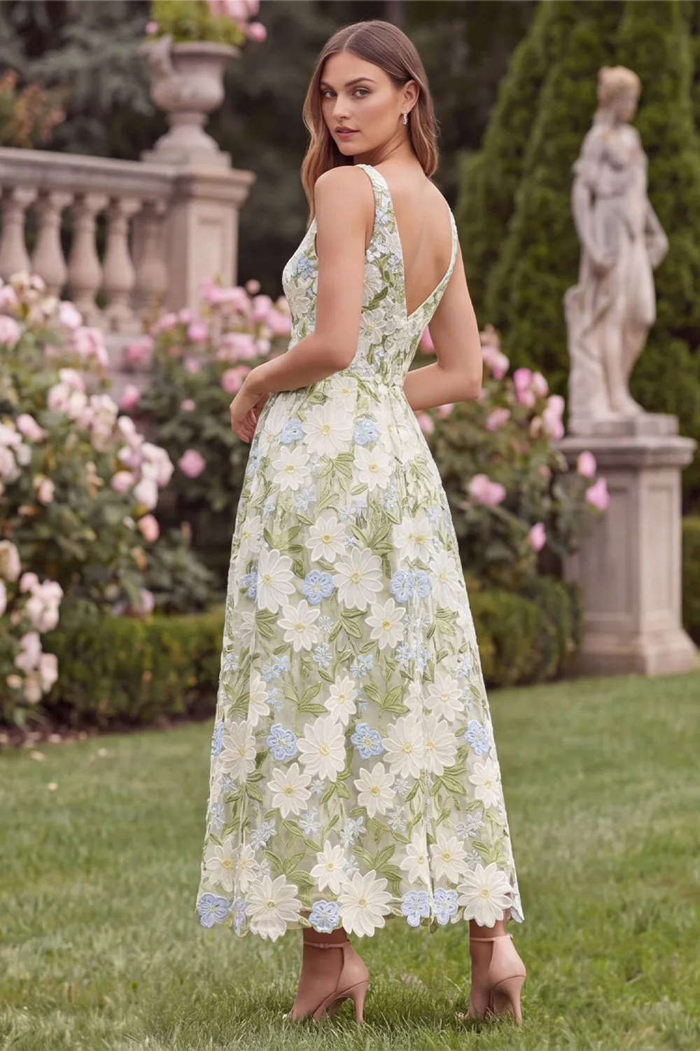Floral V-Neck A Line Sage Wedding Guest Dress sold by Wedtrend product image thumbnail 3