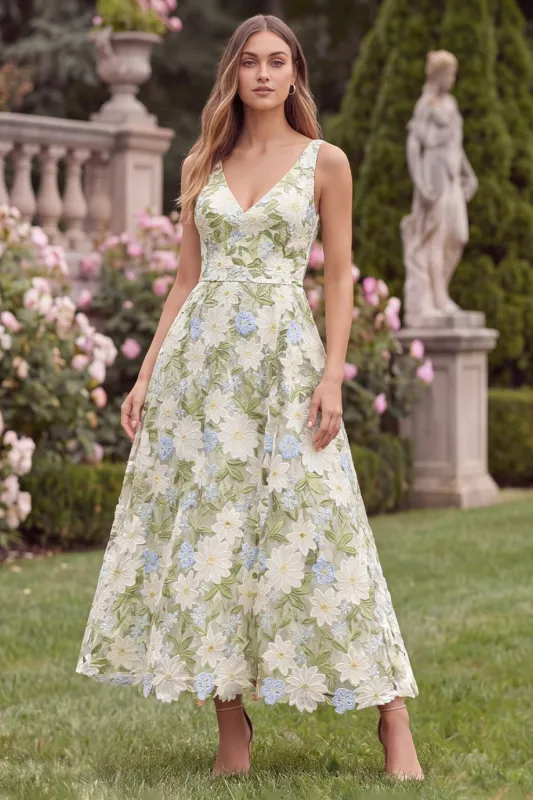 Floral V-Neck A Line Sage Wedding Guest Dress made by Wedtrend