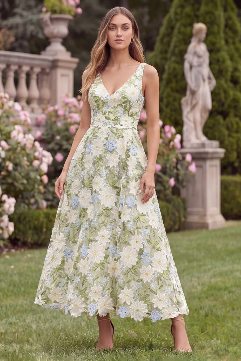 Floral V-Neck A Line Sage Wedding Guest Dress sold by Wedtrend