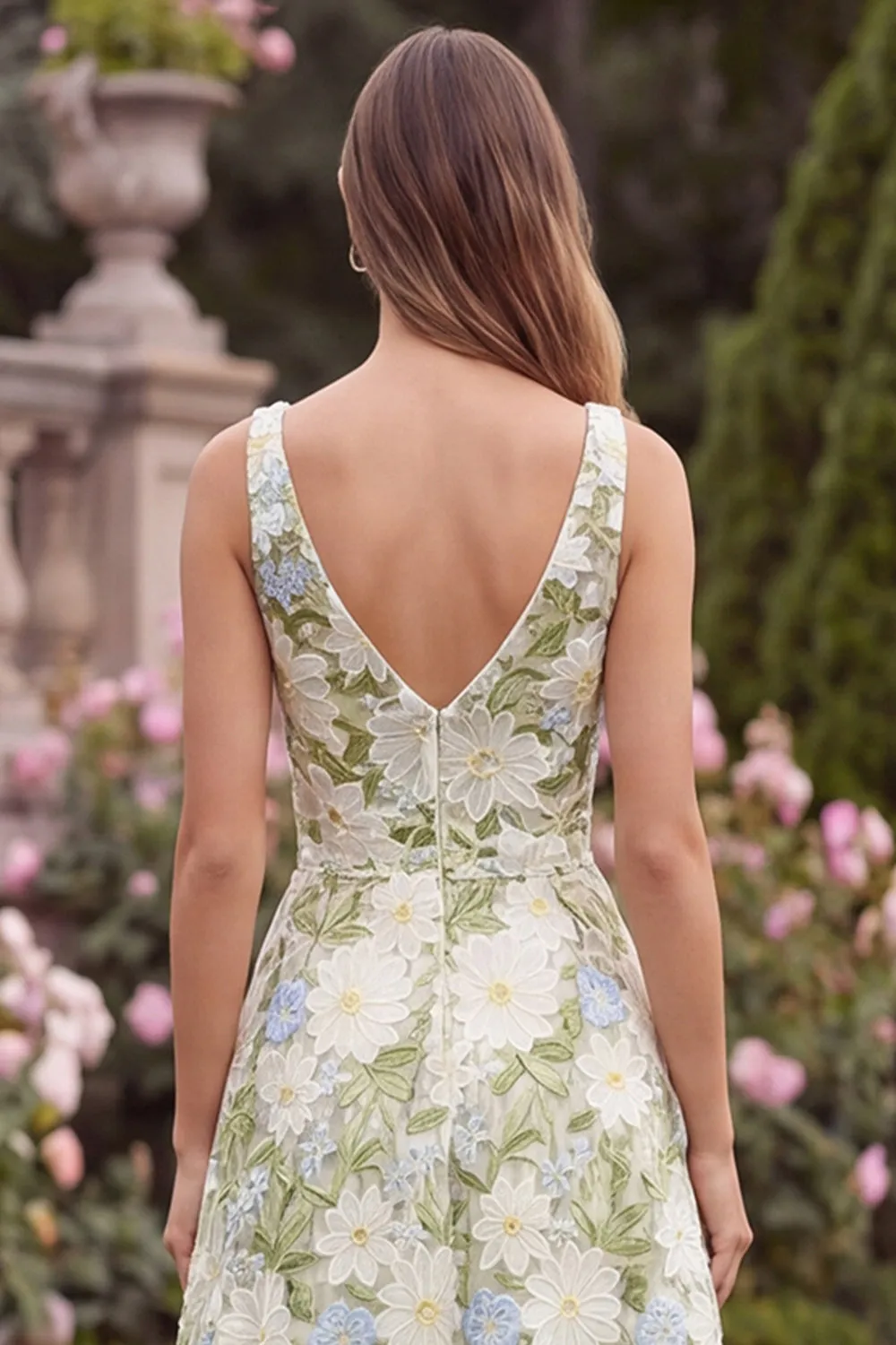 Floral V-Neck A Line Sage Wedding Guest Dress sold by Wedtrend product image thumbnail 5