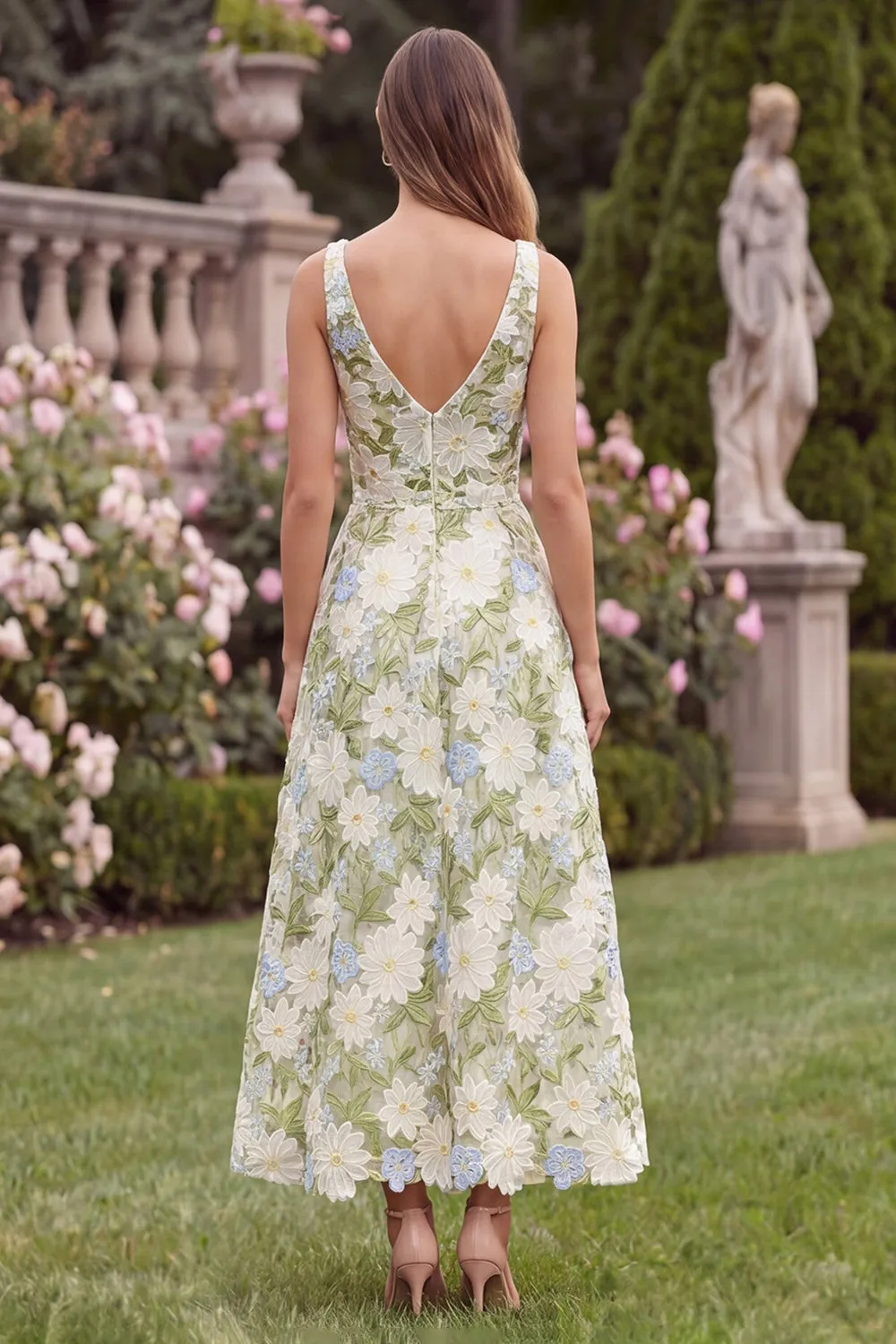 Floral V-Neck A Line Sage Wedding Guest Dress sold by Wedtrend product image thumbnail 2