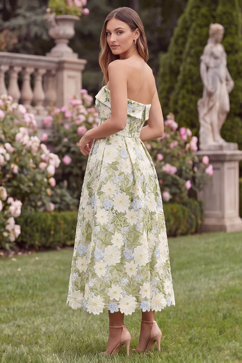 Strapless A Line Floral Sage Midi Wedding Guest Dress sold by Wedtrend product image thumbnail 3