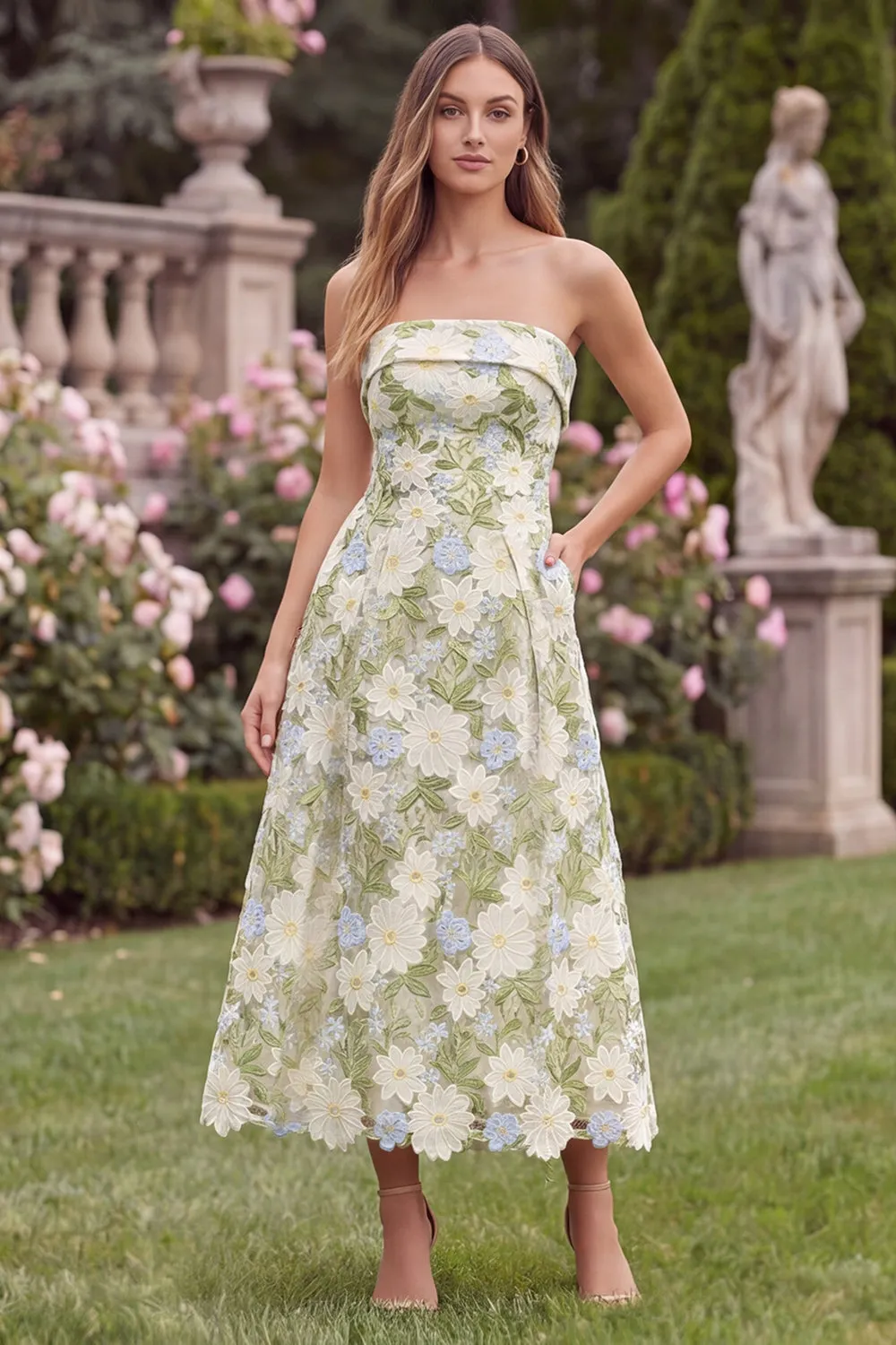 Strapless A Line Floral Sage Midi Wedding Guest Dress sold by Wedtrend