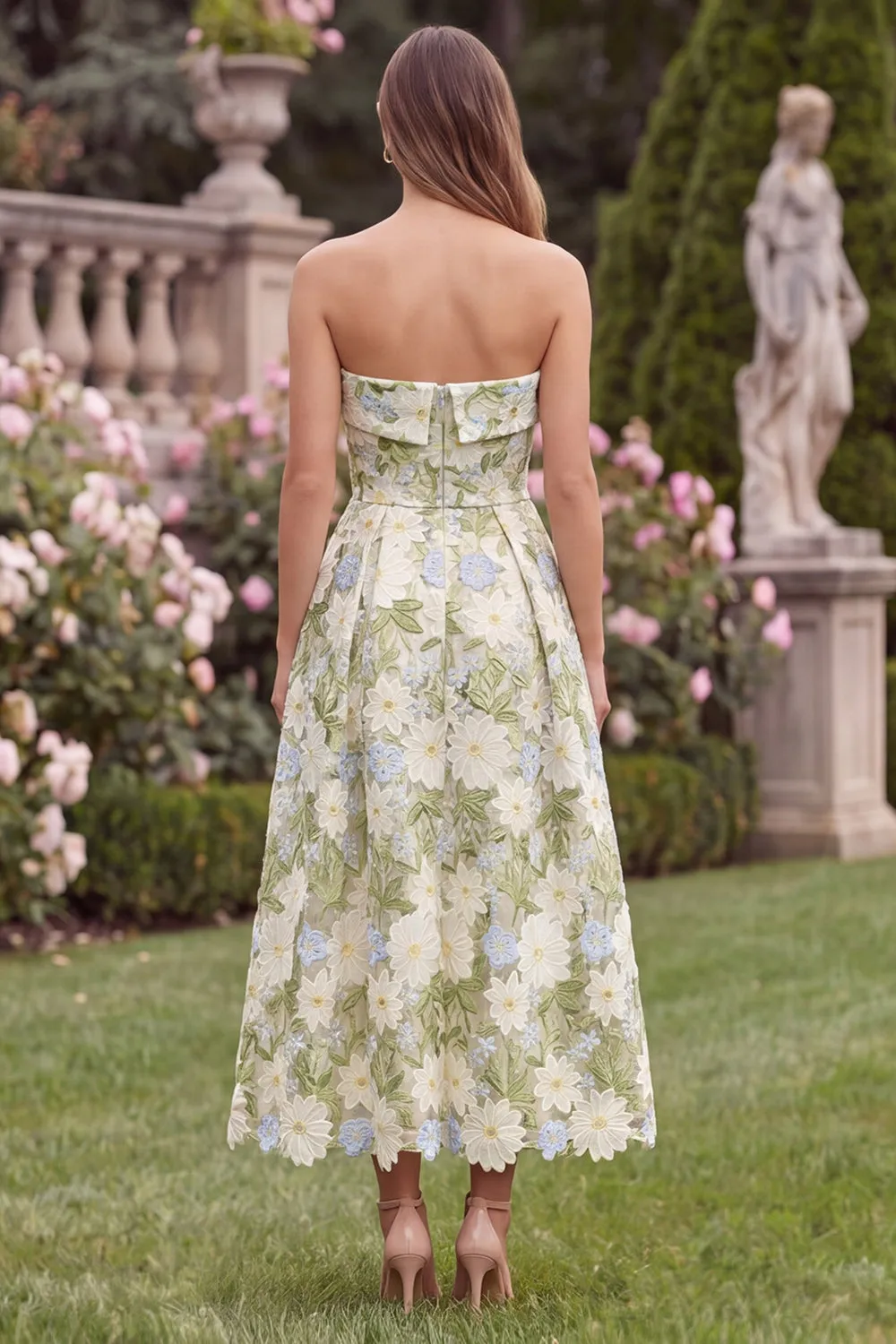 Strapless A Line Floral Sage Midi Wedding Guest Dress sold by Wedtrend product image thumbnail 2