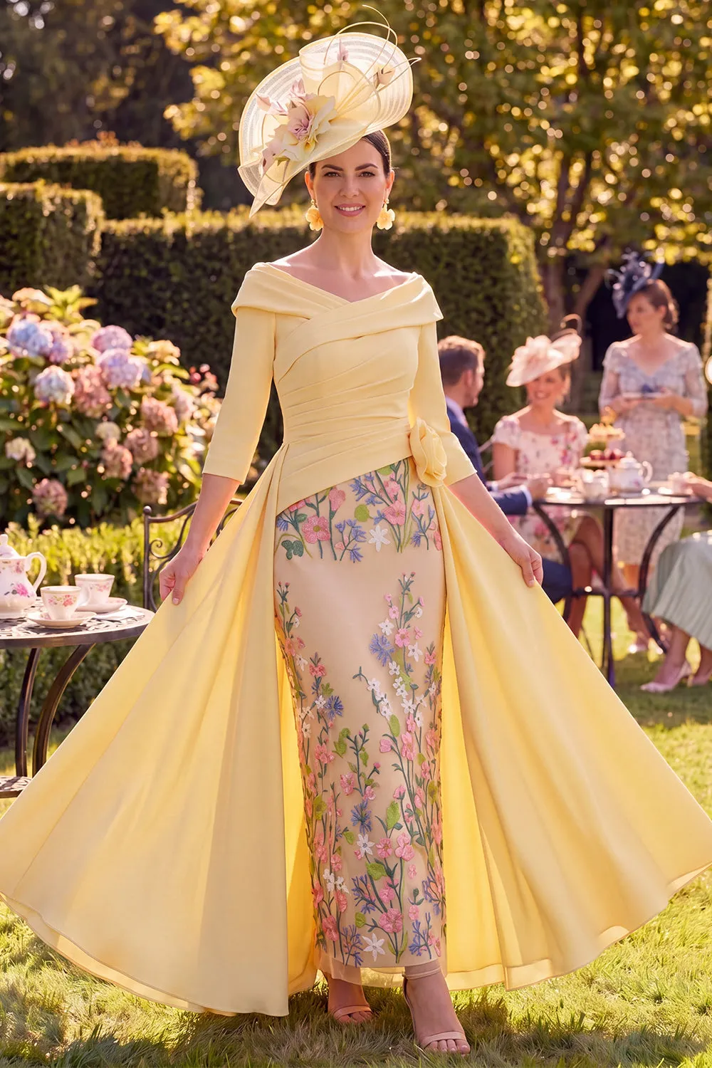 Yellow Off the Shoulder Sheath Floral Mother of the Bride Dress with Side Streamer sold by Wedtrend