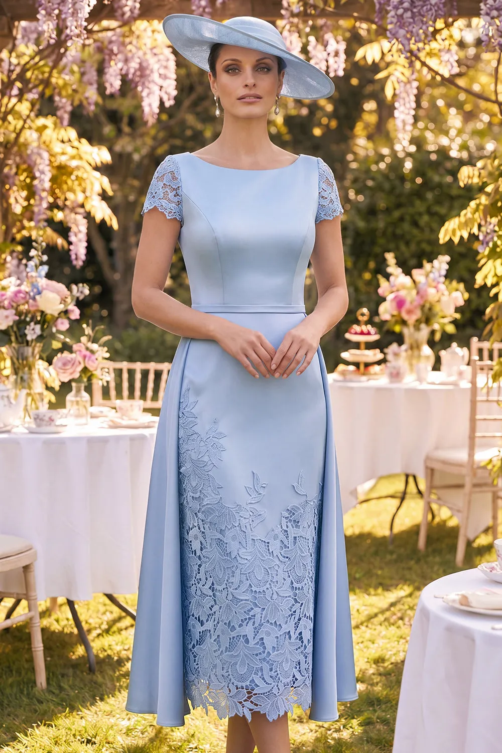 Blue Lace Sheath Mother of the Bride Dress with Side Streamer sold by Wedtrend