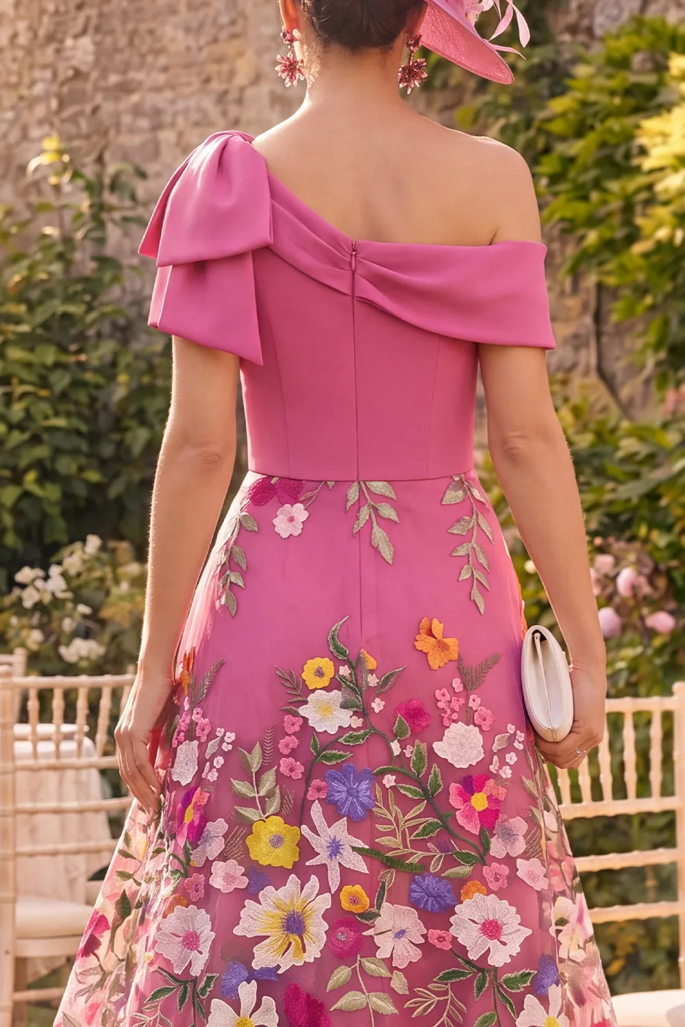 Fuchsia One Shoulder Floral Mother of the Bride Dress with Bow sold by Wedtrend product image thumbnail 4