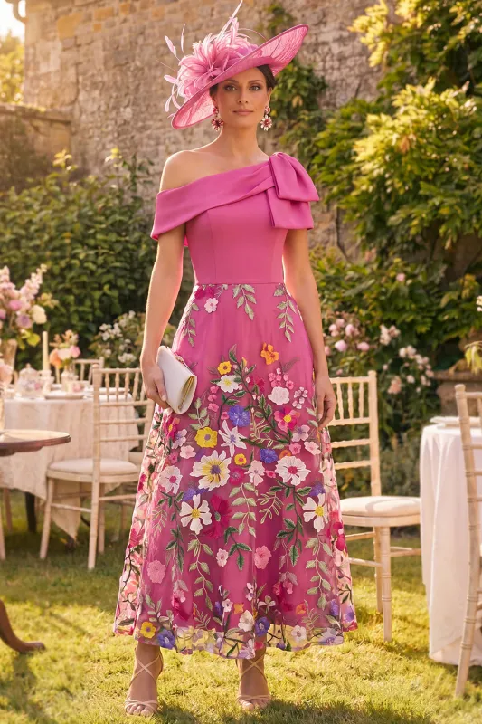 Fuchsia One Shoulder Floral Mother of the Bride Dress with Bow made by Wedtrend