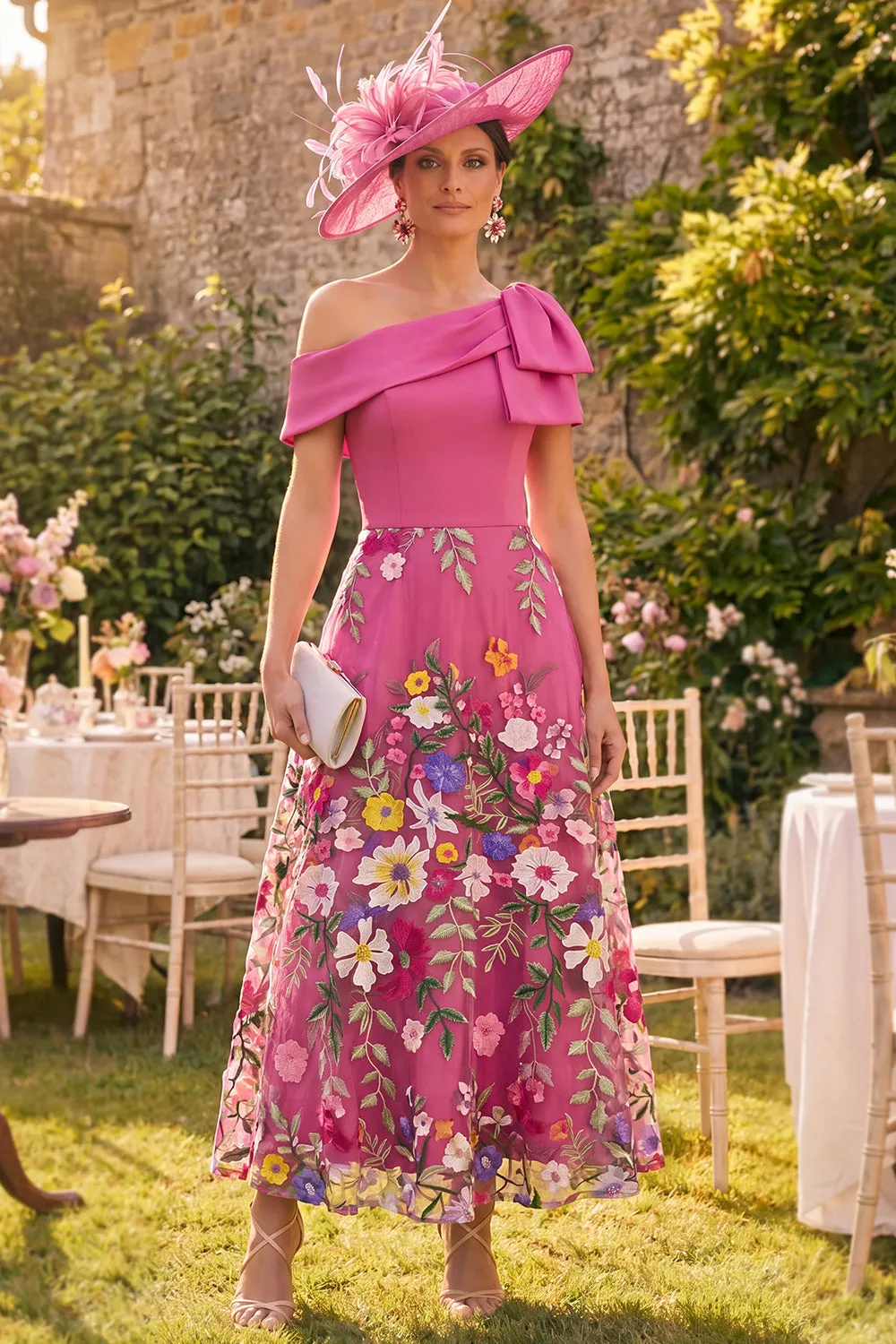 Fuchsia One Shoulder Floral Mother of the Bride Dress with Bow sold by Wedtrend