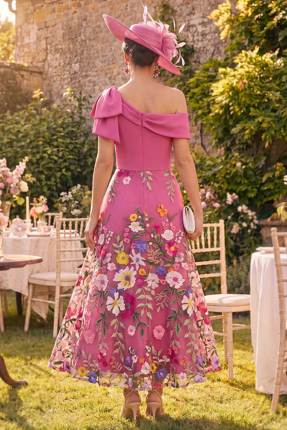Fuchsia One Shoulder Floral Mother of the Bride Dress with Bow sold by Wedtrend product image thumbnail 2