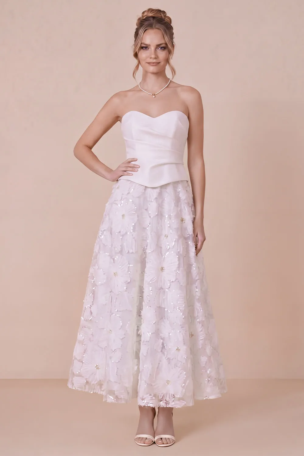 White A Line Floral Sweetheart Engagement Dress sold by Wedtrend