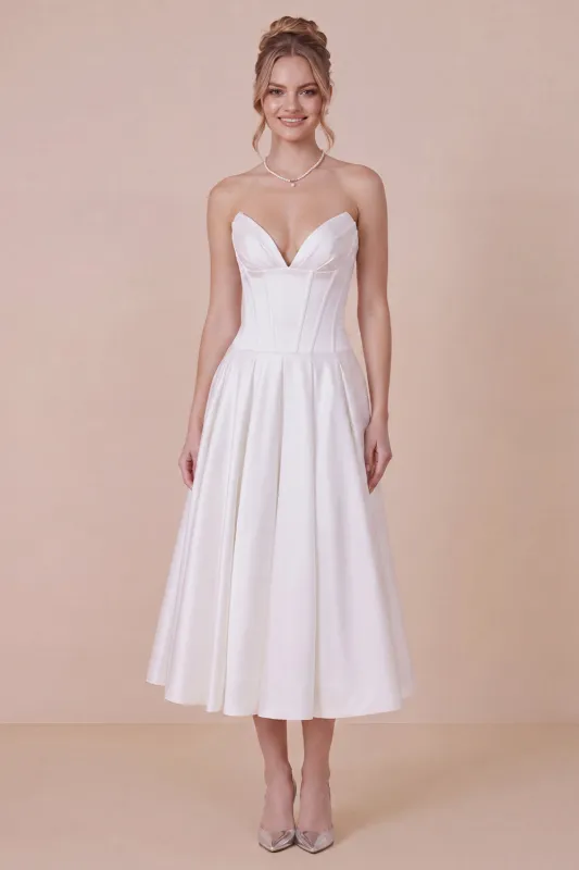 White Satin A Line Corset Midi Dress with Lace-up Back made by Wedtrend