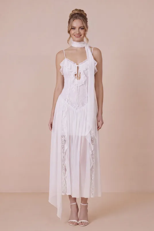 White Lace Ruffled Spaghetti Straps Engagement Dress with Scarf made by Wedtrend