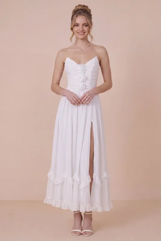 Strapless A Line 3D Flower White Engagement Dress with Slit made by Wedtrend