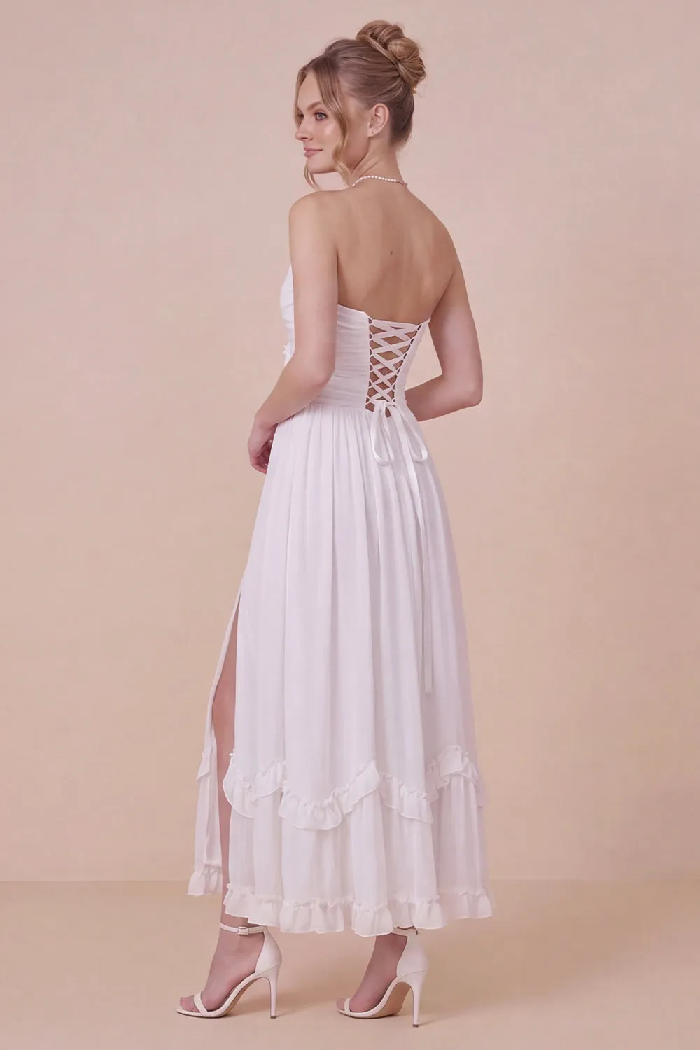 Strapless A Line 3D Flower White Engagement Dress with Slit sold by Wedtrend product image thumbnail 3