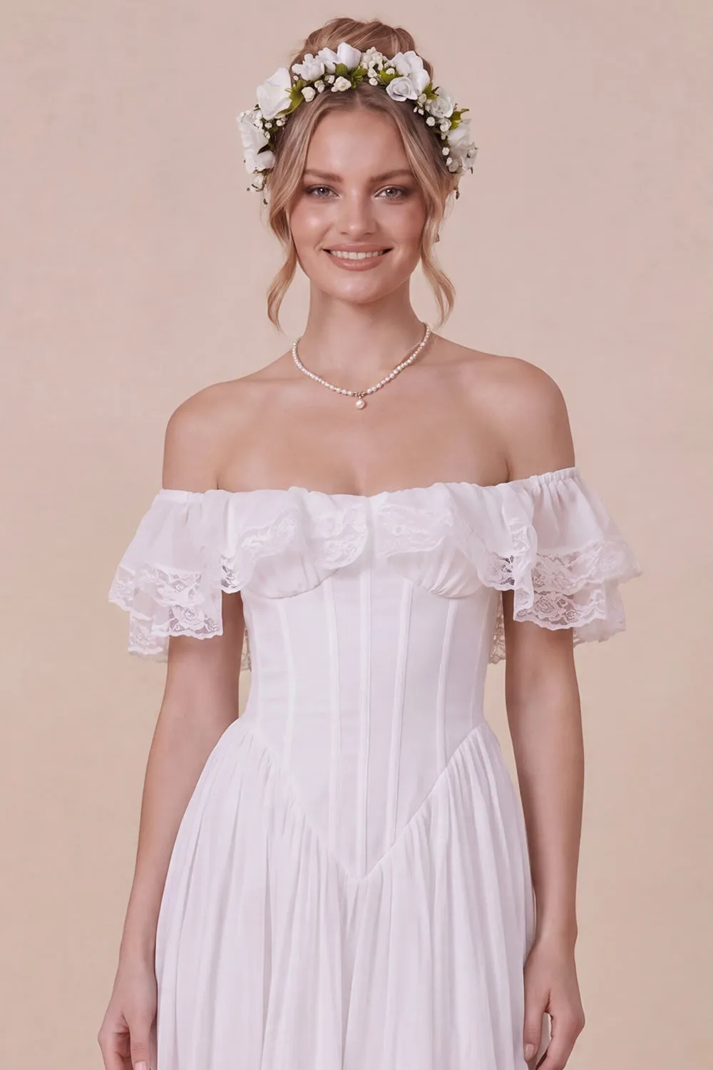 Off the Shoulder Corset White Ruffled Engagement Dress sold by Wedtrend product image thumbnail 4