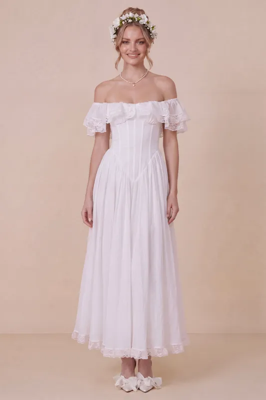Off the Shoulder Corset White Ruffled Engagement Dress made by Wedtrend