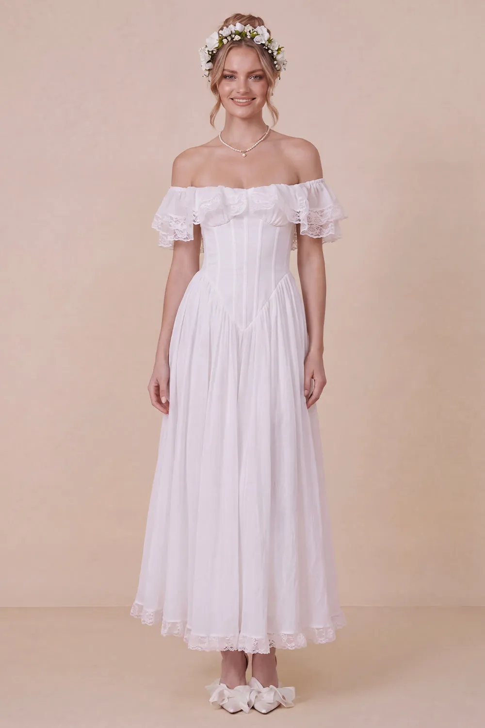 Off the Shoulder Corset White Ruffled Engagement Dress sold by Wedtrend