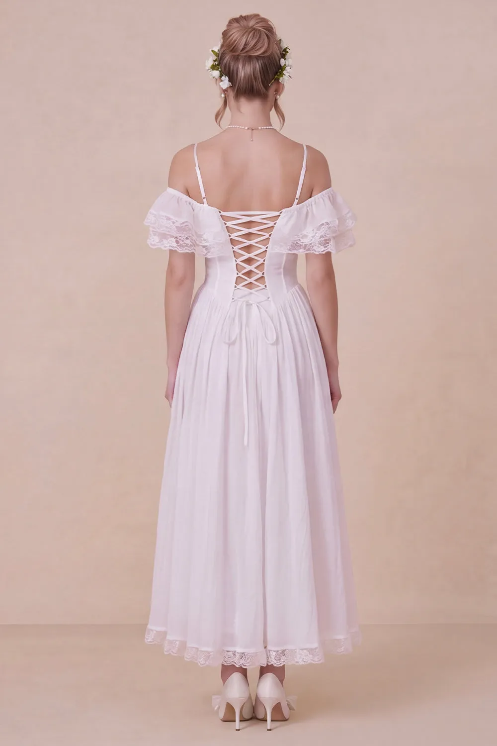 Off the Shoulder Corset White Ruffled Engagement Dress sold by Wedtrend product image thumbnail 2