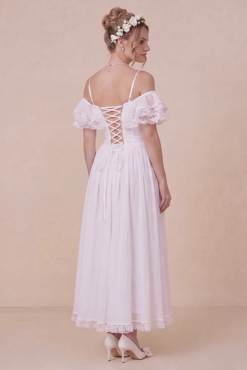 Off the Shoulder Corset White Ruffled Engagement Dress sold by Wedtrend product image thumbnail 3