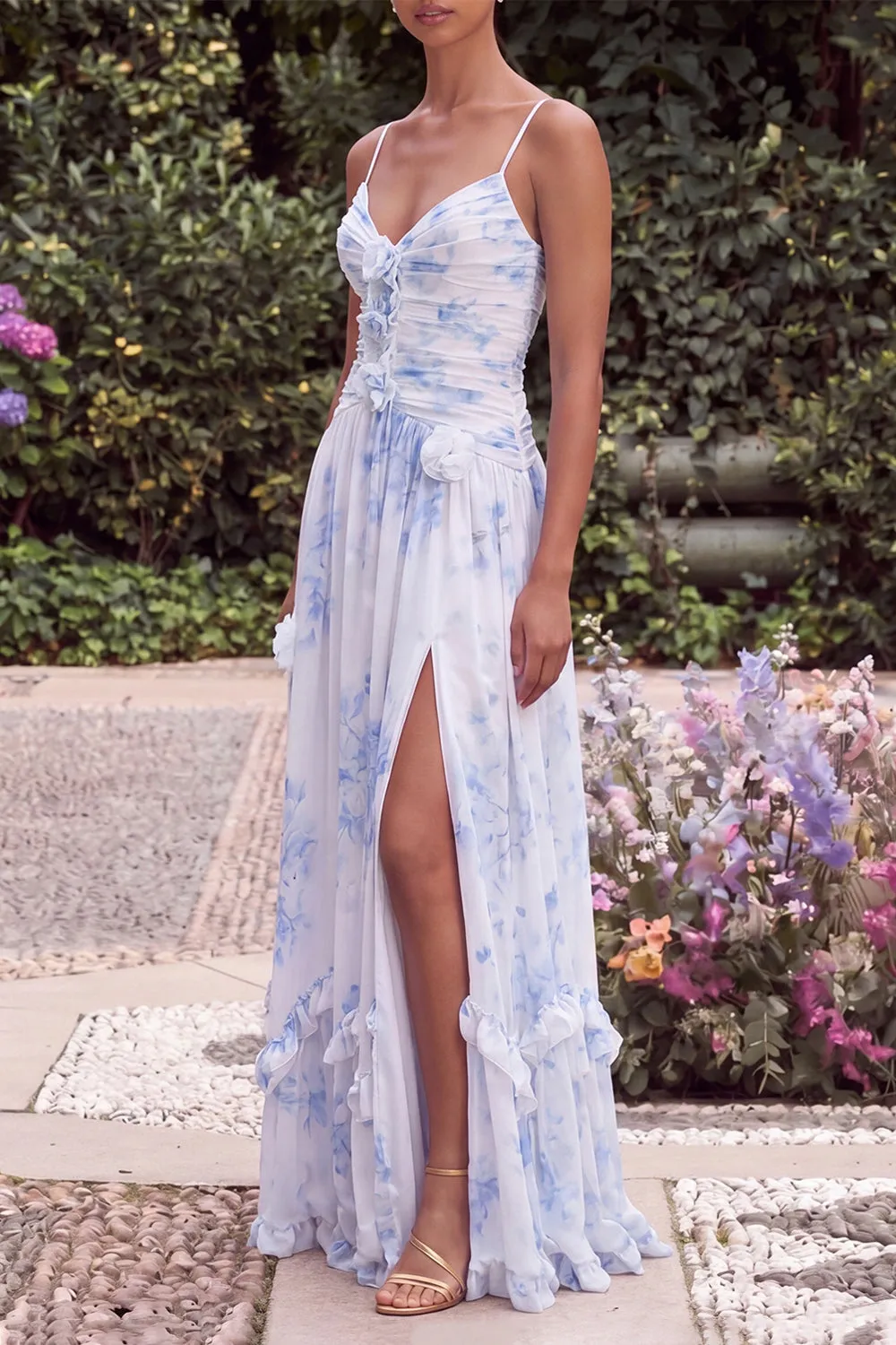 Blue A Line Printed Floral Wedding Guest Dress with 3D Flowers sold by Wedtrend product image thumbnail 3