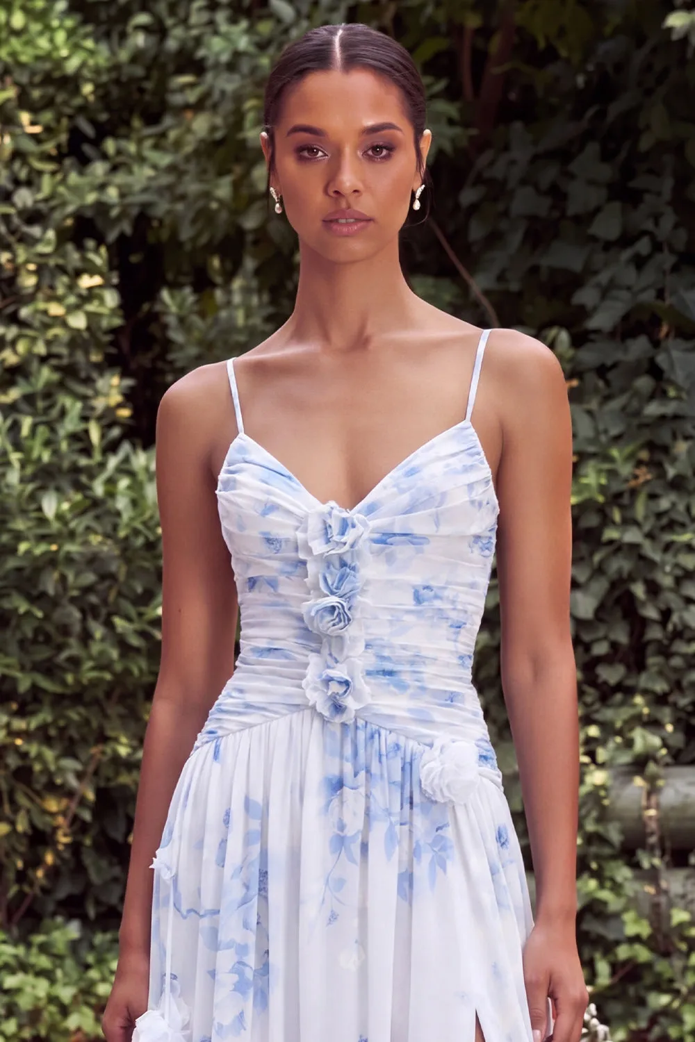 Blue A Line Printed Floral Wedding Guest Dress with 3D Flowers sold by Wedtrend product image thumbnail 4