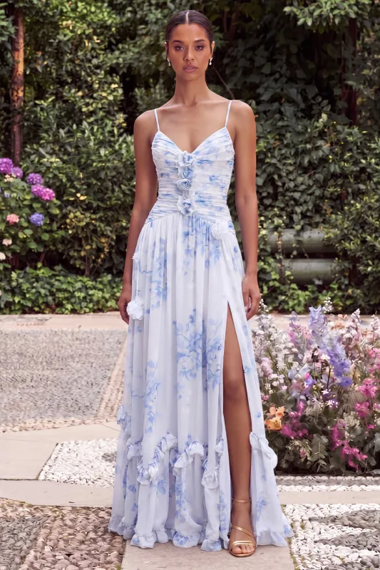 Blue A Line Printed Floral Wedding Guest Dress with 3D Flowers made by Wedtrend