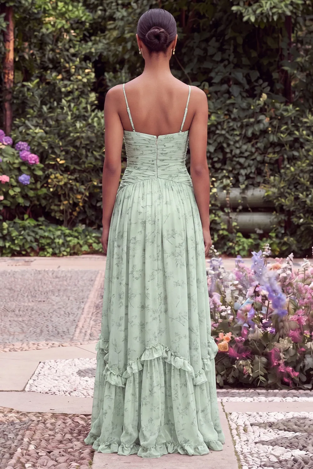 Sage A Line Floral Spaghetti Straps Wedding Guest Dress with Slit sold by Wedtrend product image thumbnail 2