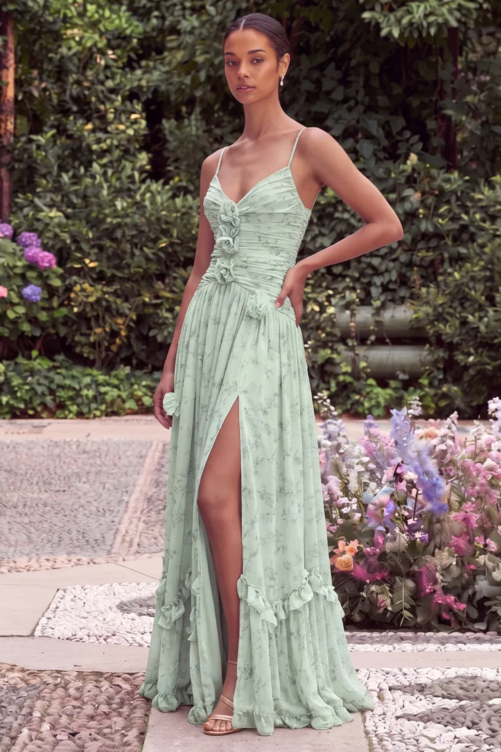 Sage A Line Floral Spaghetti Straps Wedding Guest Dress with Slit sold by Wedtrend product image thumbnail 3