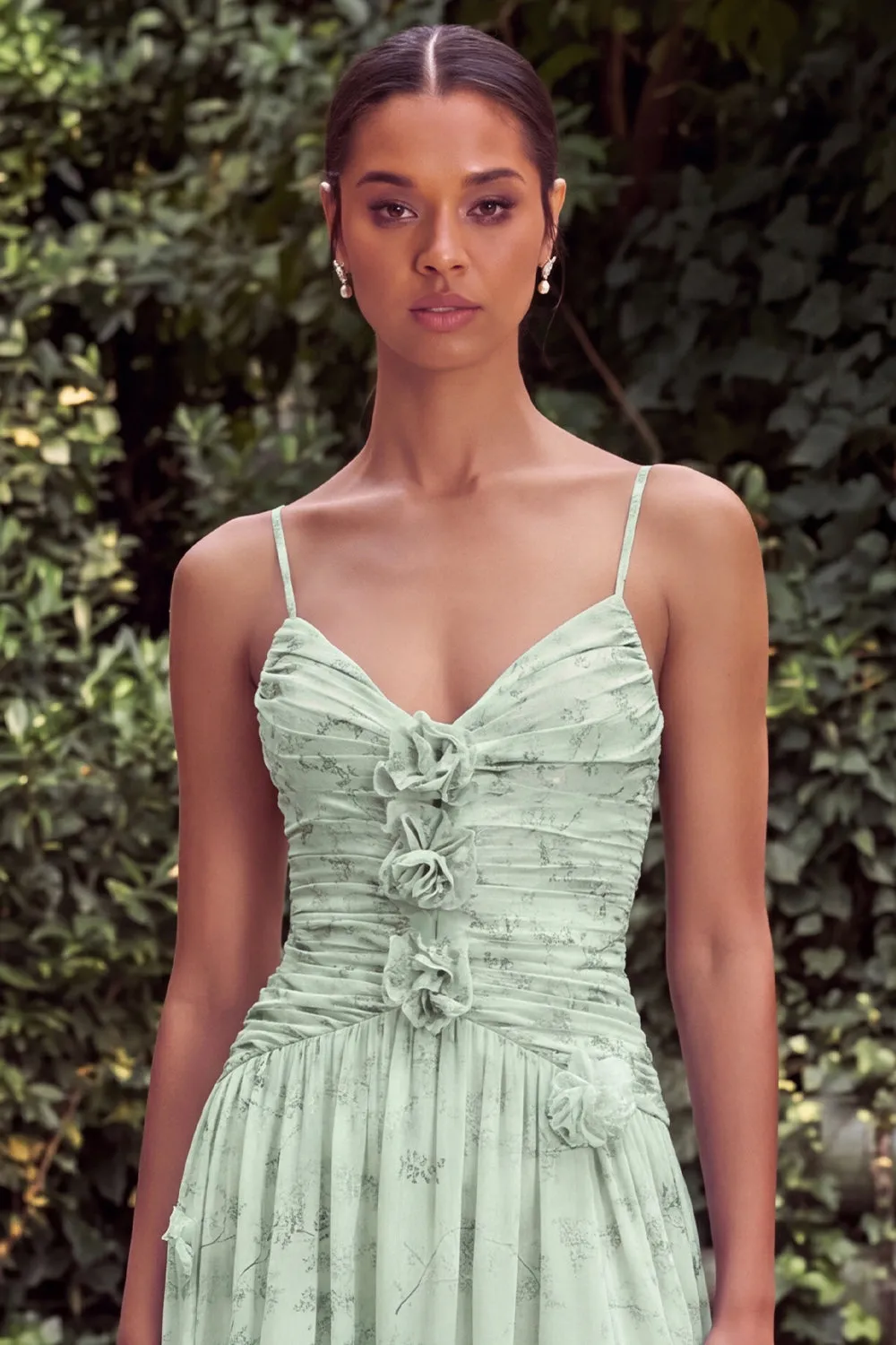 Sage A Line Floral Spaghetti Straps Wedding Guest Dress with Slit sold by Wedtrend product image thumbnail 4