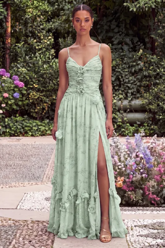 Sage A Line Floral Spaghetti Straps Wedding Guest Dress with Slit made by Wedtrend