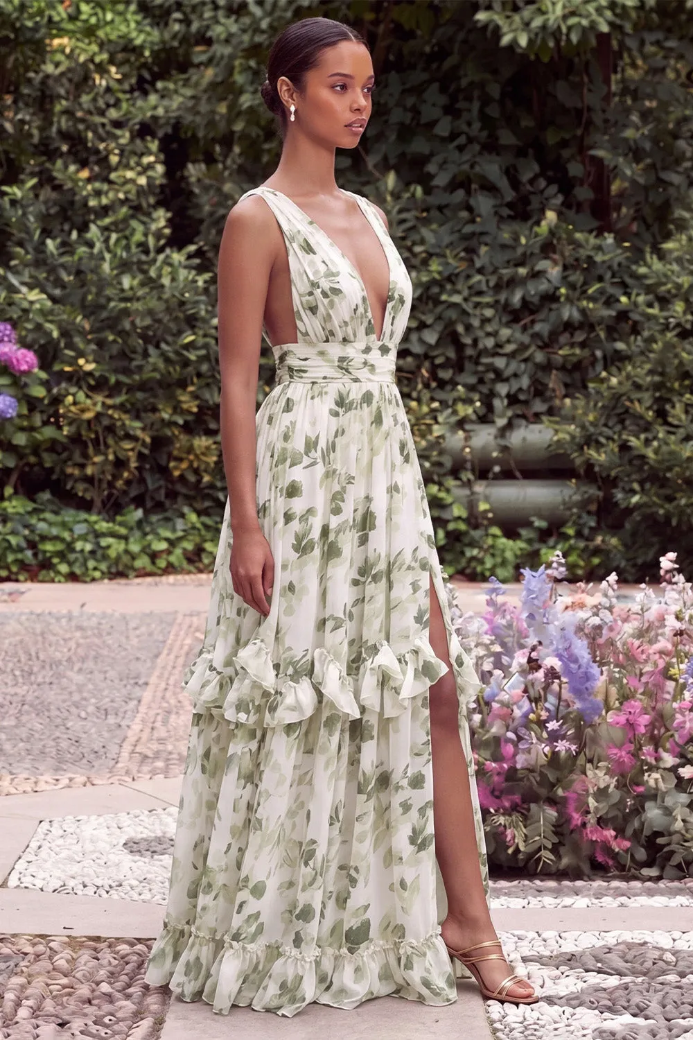 Printed Floral Green V Neck A Line Wedding Guest Dress with Slit sold by Wedtrend product image thumbnail 3