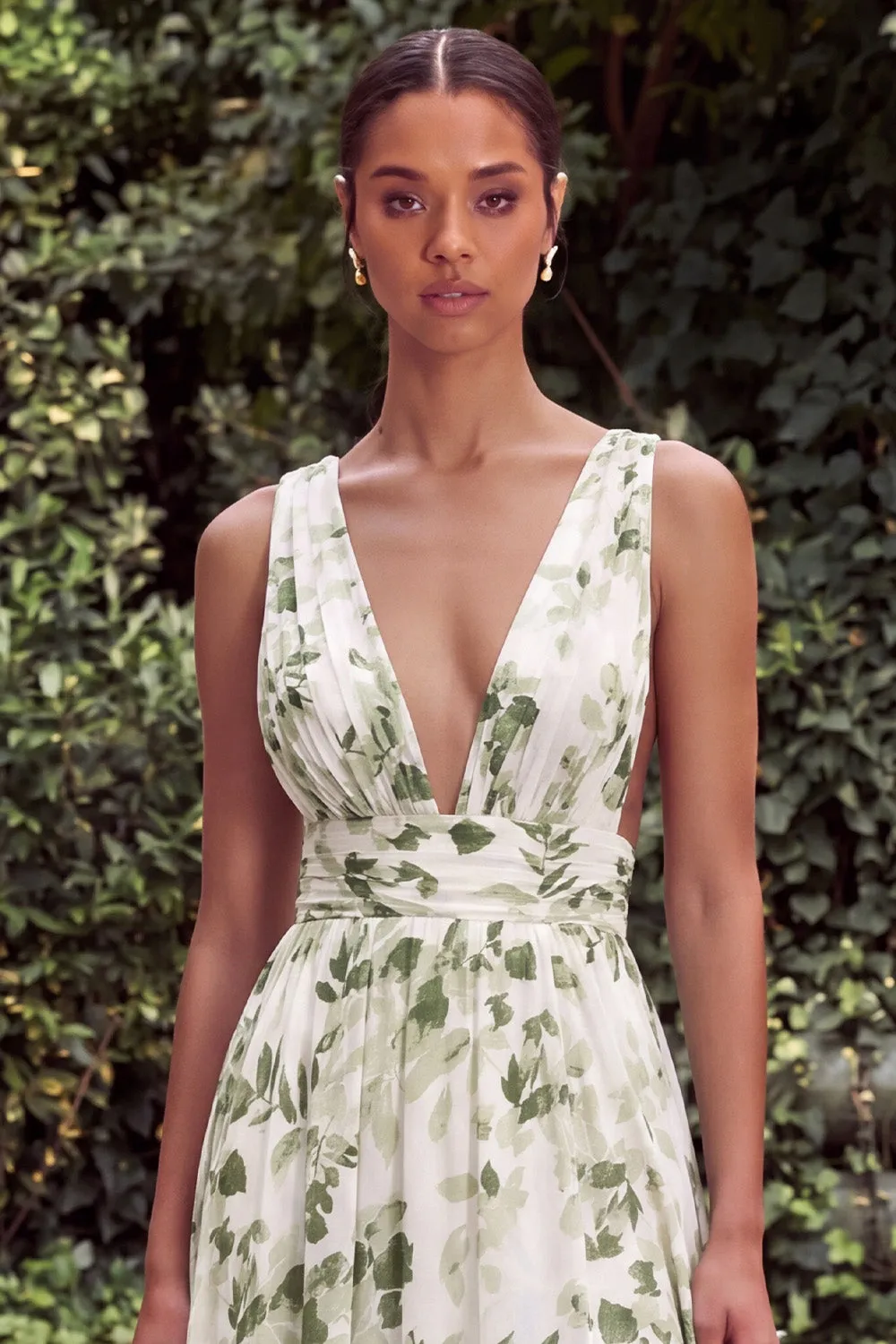 Printed Floral Green V Neck A Line Wedding Guest Dress with Slit sold by Wedtrend product image thumbnail 4