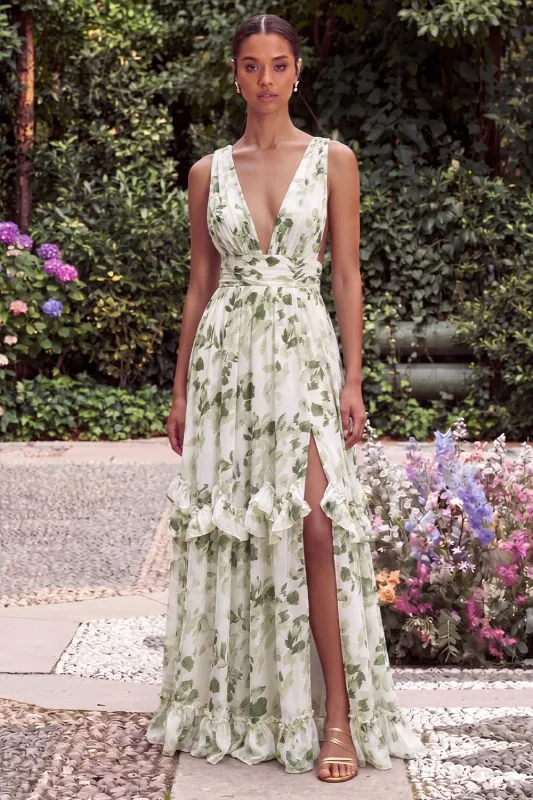 Printed Floral Green V Neck A Line Wedding Guest Dress with Slit made by Wedtrend