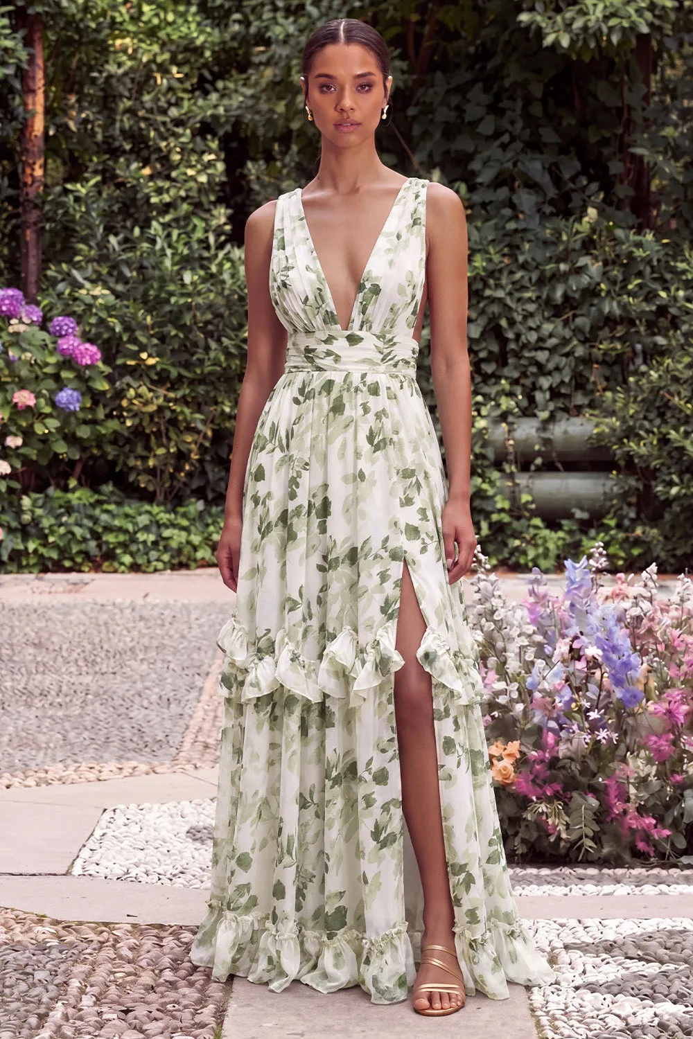 Printed Floral Green V Neck A Line Wedding Guest Dress with Slit sold by Wedtrend