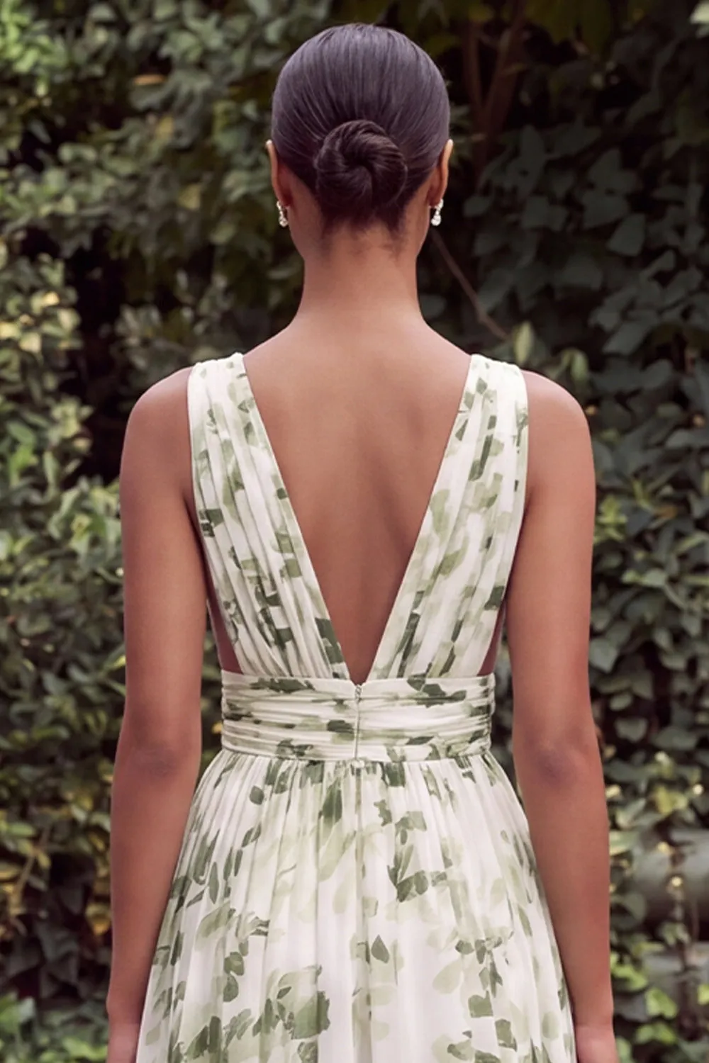 Printed Floral Green V Neck A Line Wedding Guest Dress with Slit sold by Wedtrend product image thumbnail 5