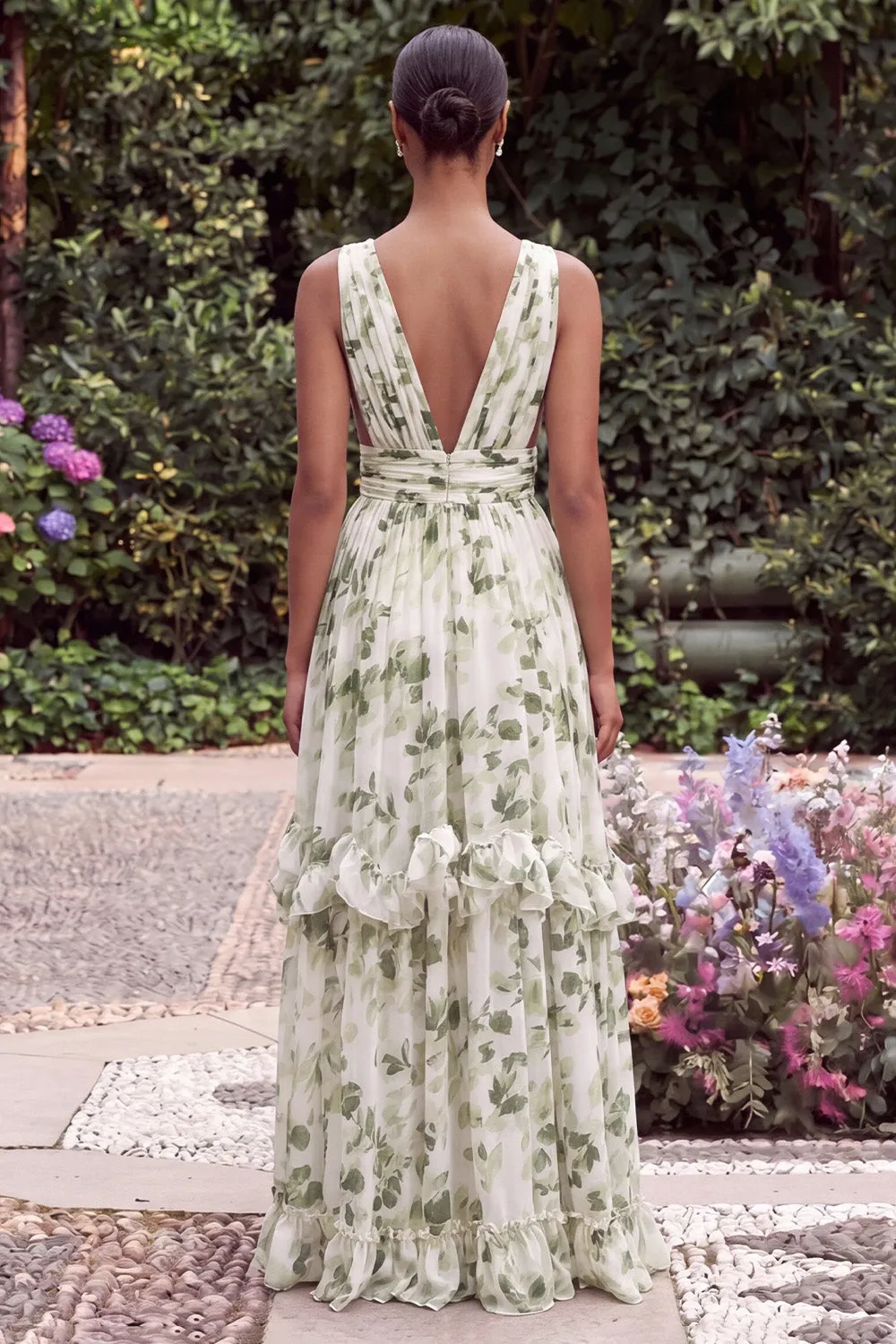 Printed Floral Green V Neck A Line Wedding Guest Dress with Slit sold by Wedtrend product image thumbnail 2