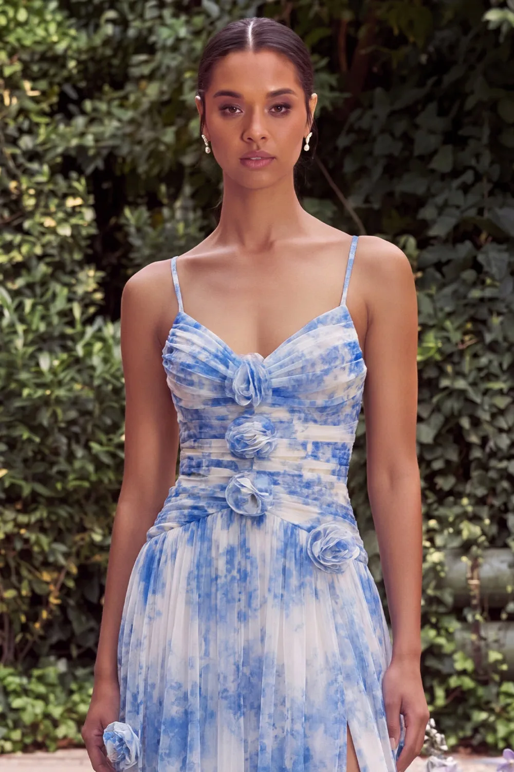 Light Blue Pleated Spaghetti Straps A Line Maxi Dress with Slit sold by Wedtrend product image thumbnail 4