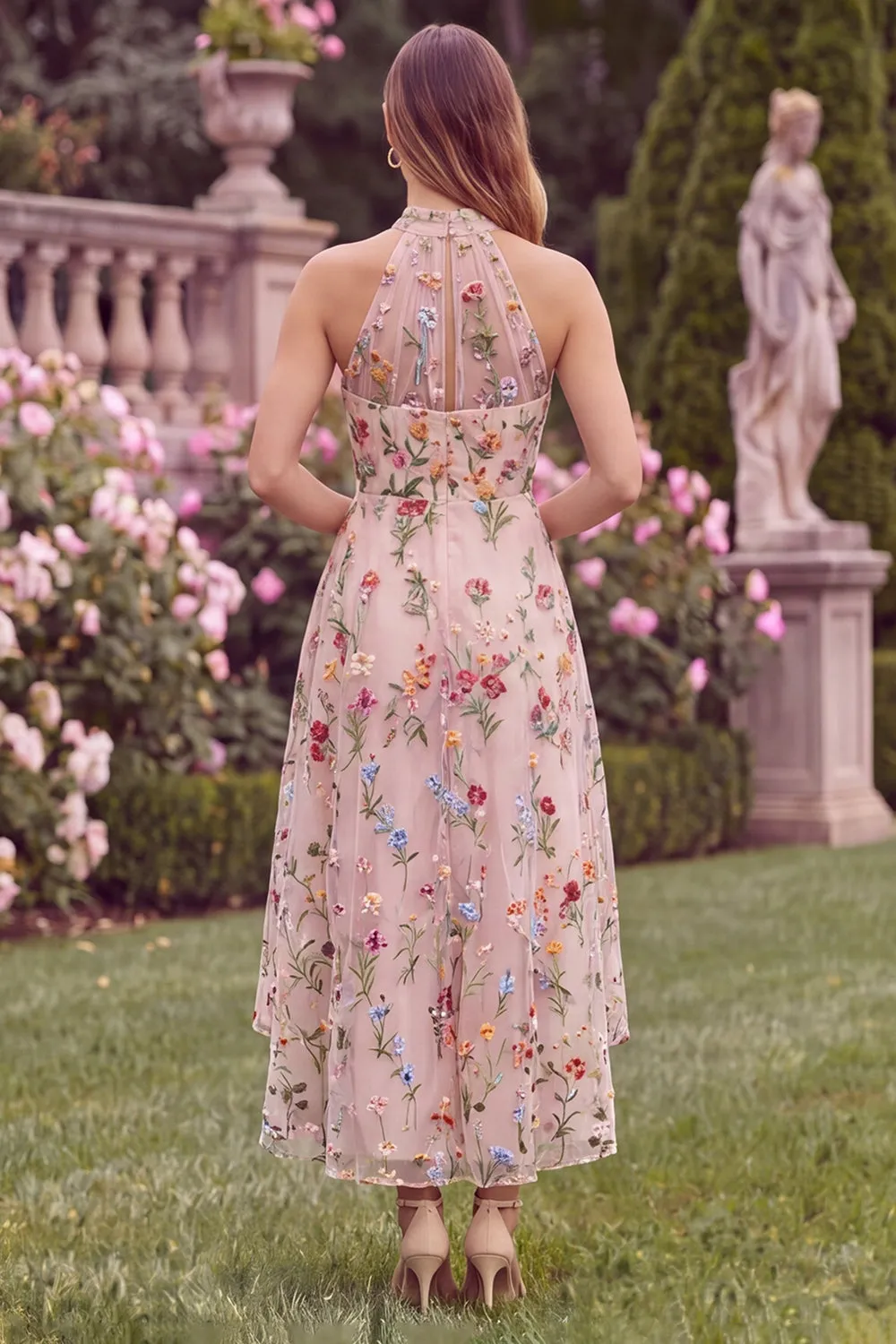 Halter A Line Pink Flower Embroidered High Low Wedding Guest Dress sold by Wedtrend product image thumbnail 2