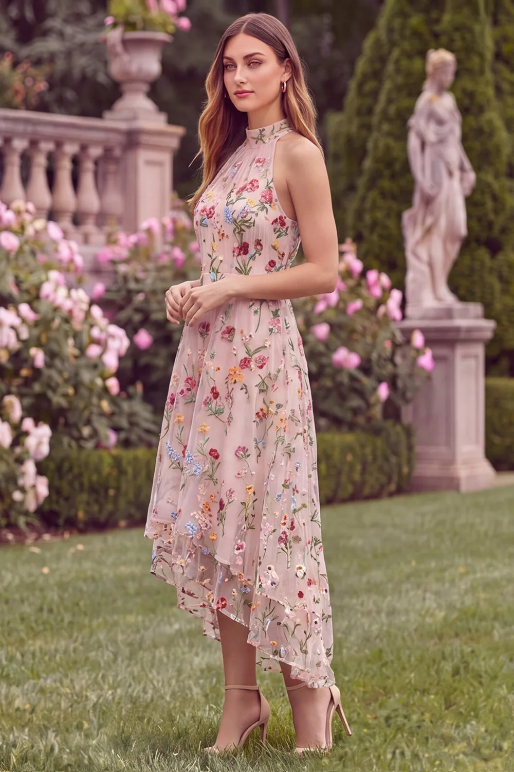 Halter A Line Pink Flower Embroidered High Low Wedding Guest Dress sold by Wedtrend product image thumbnail 3