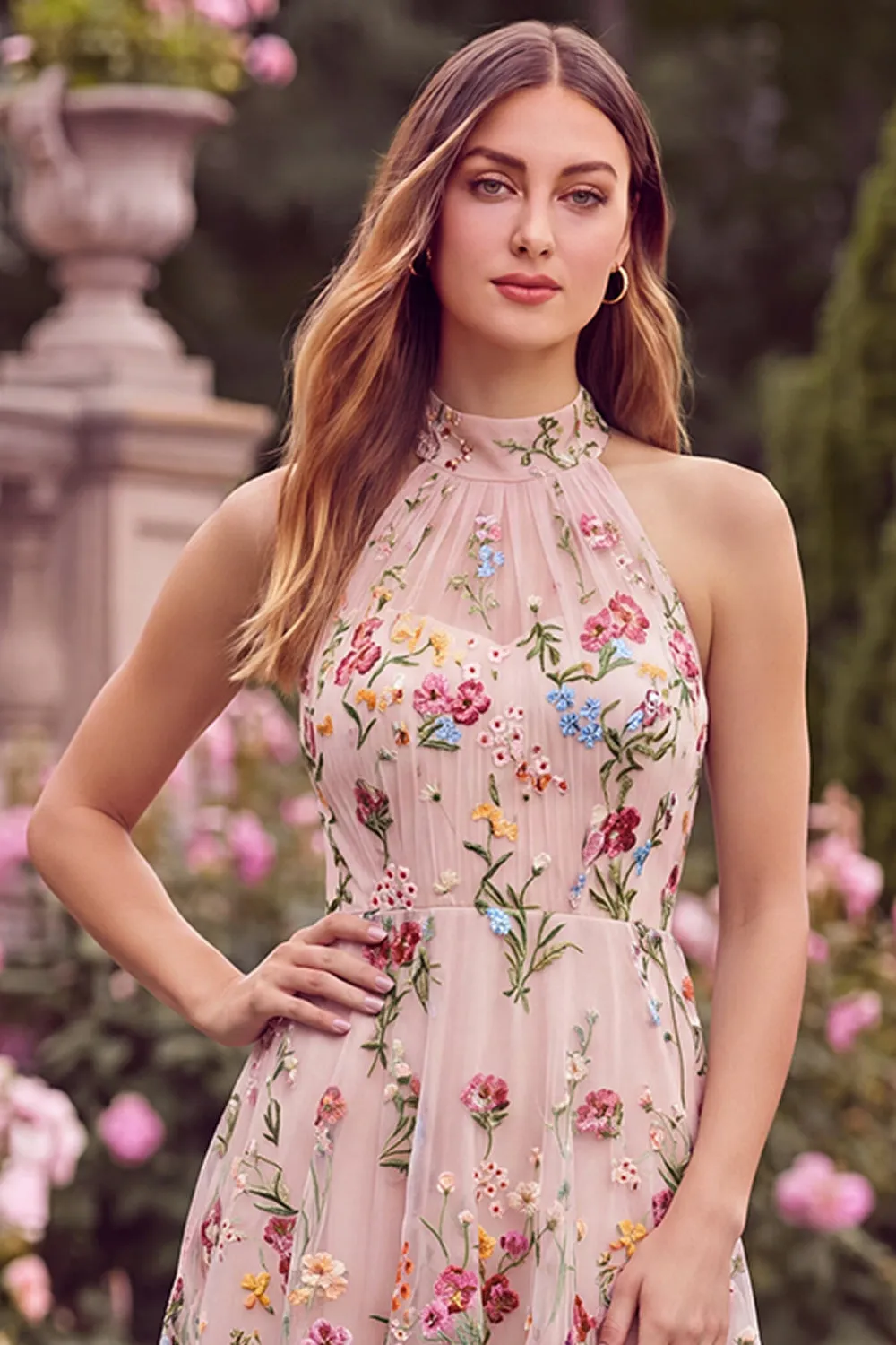 Halter A Line Pink Flower Embroidered High Low Wedding Guest Dress sold by Wedtrend product image thumbnail 4