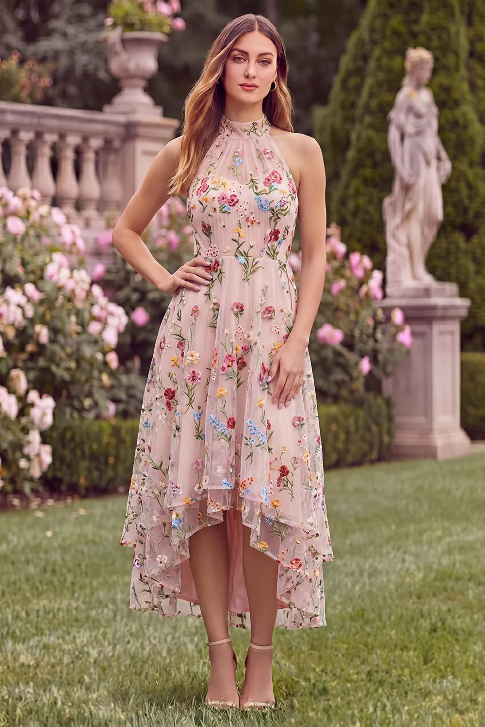 Halter A Line Pink Flower Embroidered High Low Wedding Guest Dress sold by Wedtrend