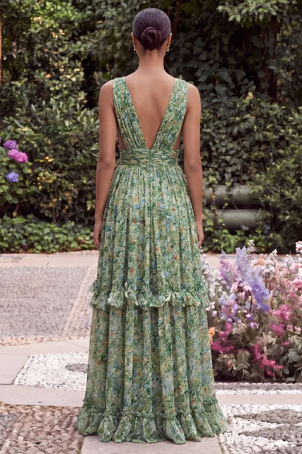 Flower Sage V Neck Ruffle A Line Maxi Dress with Slit sold by Wedtrend product image thumbnail 2