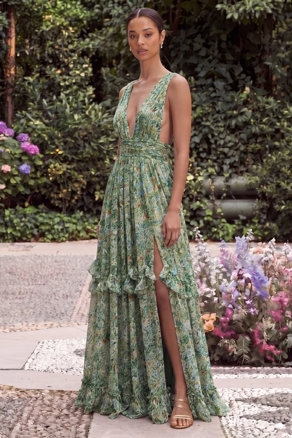 Flower Sage V Neck Ruffle A Line Maxi Dress with Slit sold by Wedtrend product image thumbnail 3