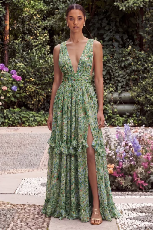 Flower Sage V Neck Ruffle A Line Maxi Dress with Slit made by Wedtrend