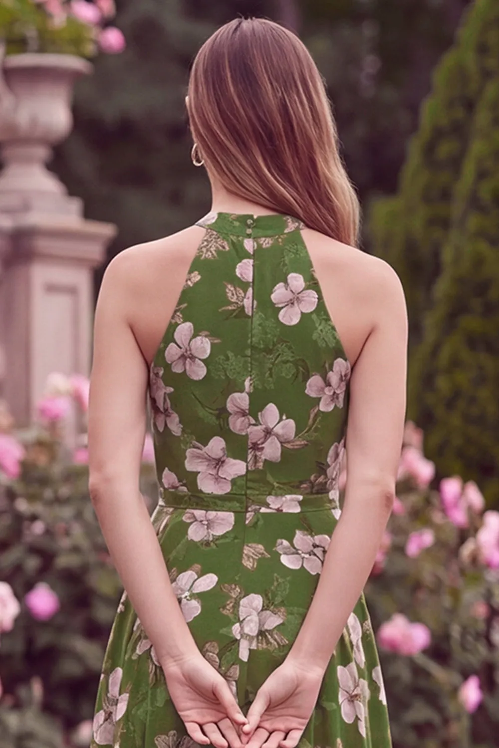 Halter Green Printed Flower A Line High Low Wedding Guest Dress sold by Wedtrend product image thumbnail 5