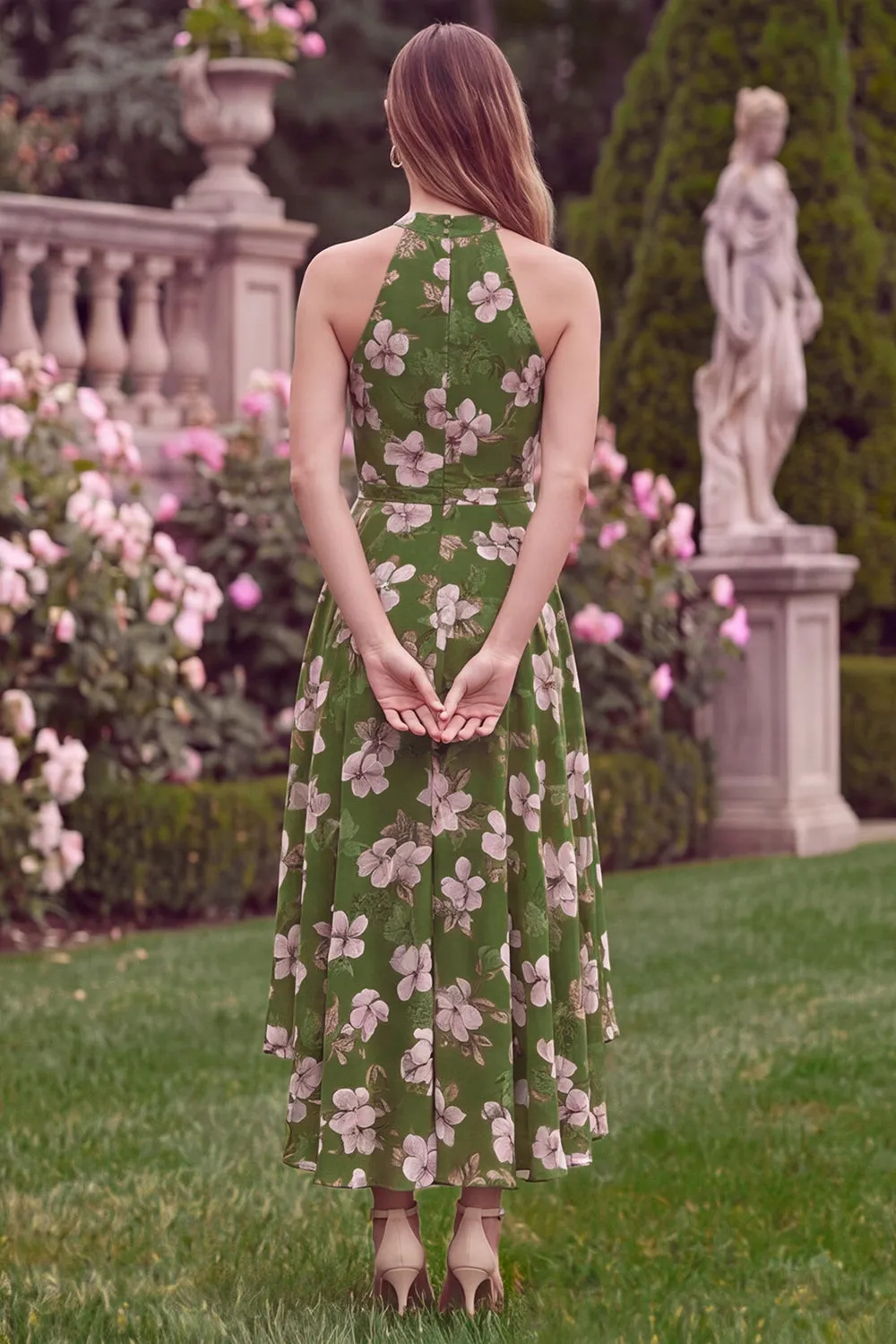 Halter Green Printed Flower A Line High Low Wedding Guest Dress sold by Wedtrend product image thumbnail 2